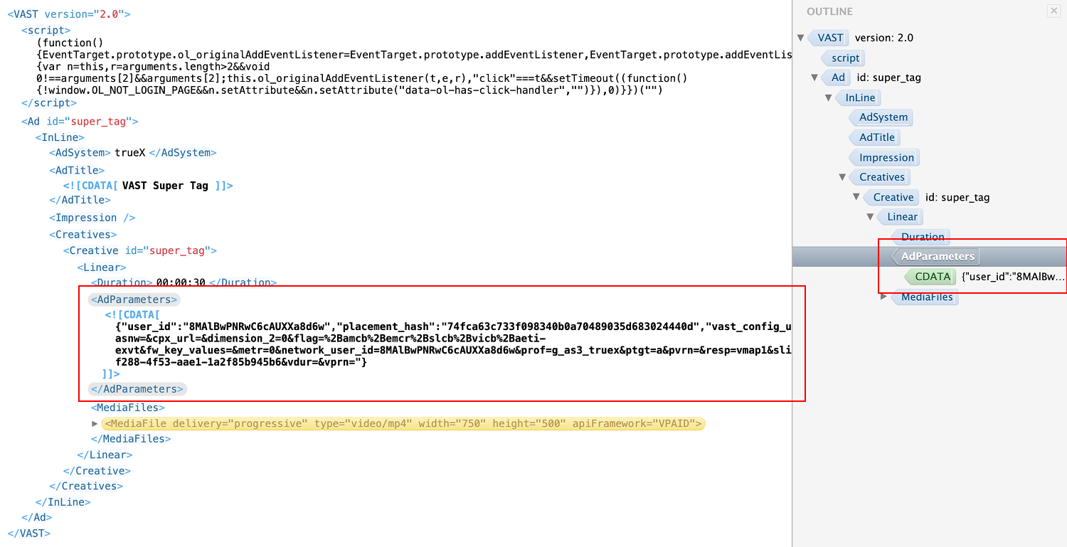 trueX ad parameters example